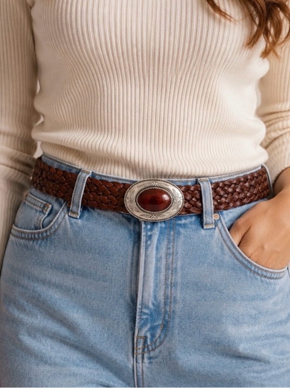 ZARA Braided Leather Western Boho Vintage style Belt with Concho Buckle